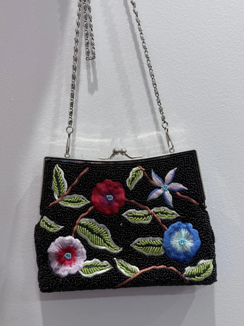 Embroidered Floral Beaded Black Evening Clutch with Chain